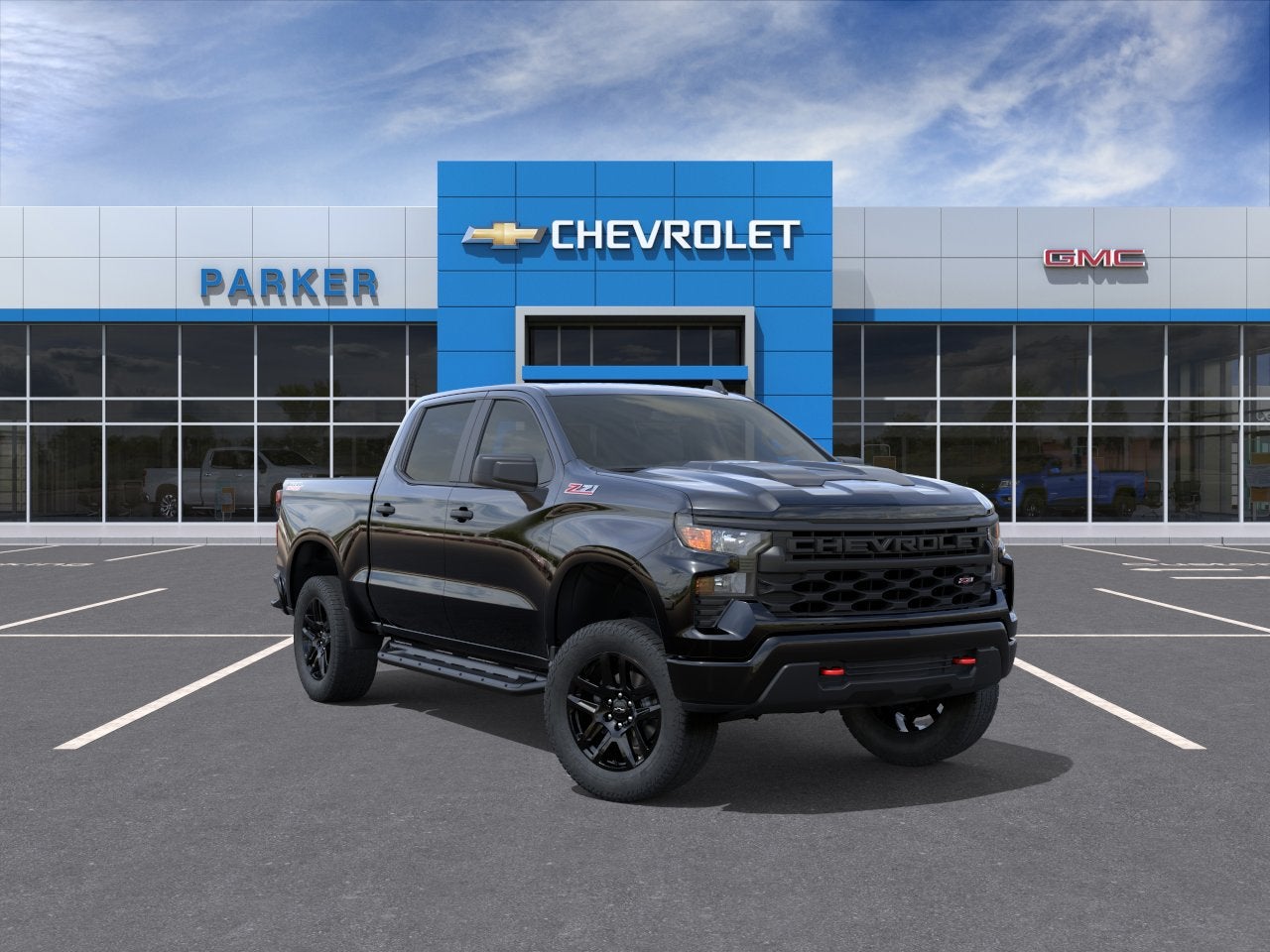 2026 Chevrolet Silverado 1500 Custom Trail Boss in Black — front three-quarter view